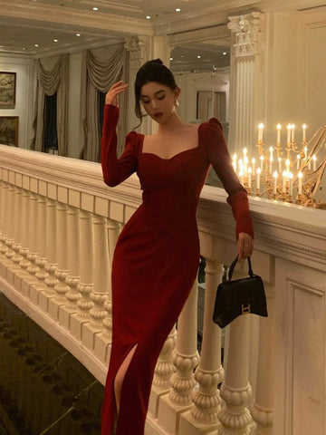 Sheath Strapless Red Slit Prom Dresses Beads Birthday Outfits Evening Gown SD954